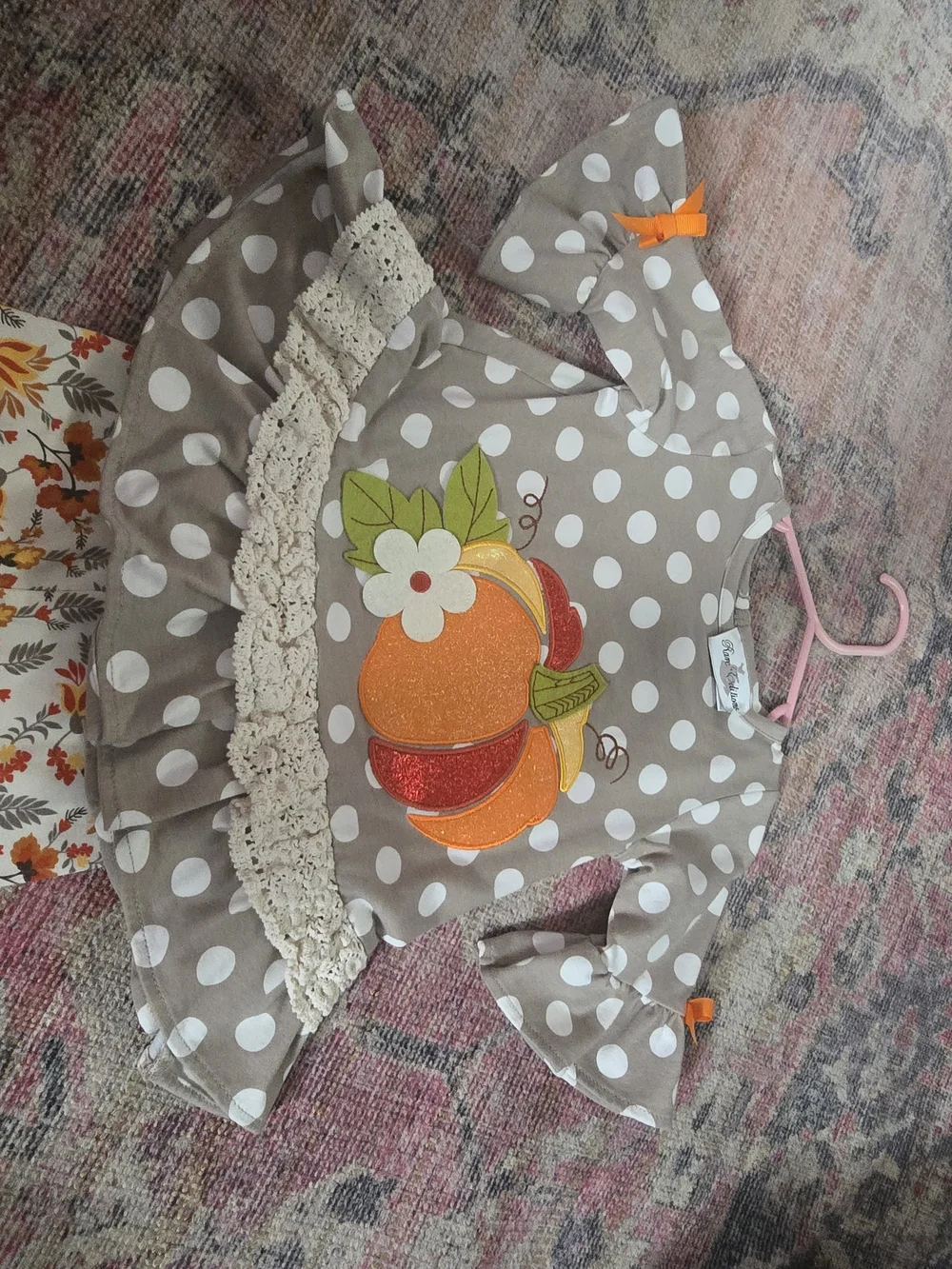 Rare Editions Taupe Polka Dot Pumpkin Top & Autumn Floral Ruffle Pants 18M